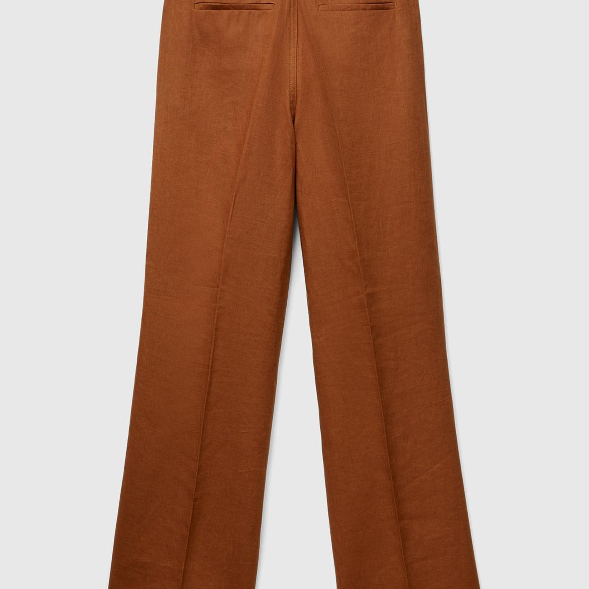 Kadın Kahverengi %100 Keten Arkası Şerit Cepli Düğme Kapamalı Pantolon