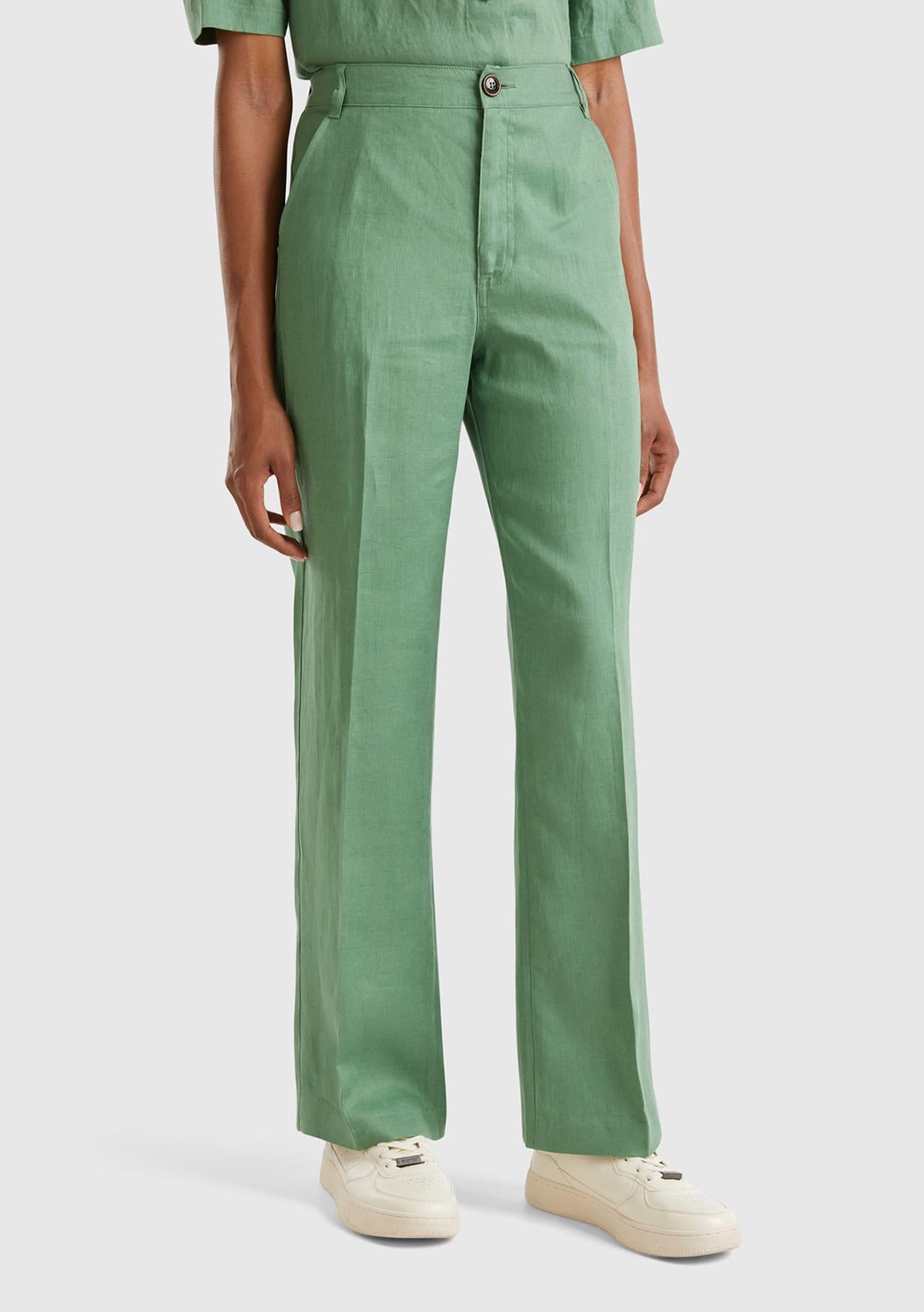  Kadın Mint Yeşili %100 Keten Arkası Şerit Cepli Düğme Kapamalı Pantolon