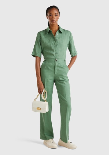  Kadın Mint Yeşili %100 Keten Arkası Şerit Cepli Düğme Kapamalı Pantolon