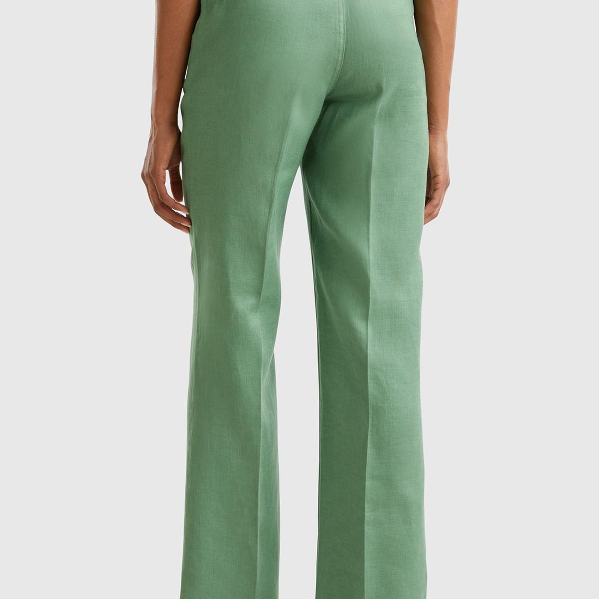 Kadın Mint Yeşili %100 Keten Arkası Şerit Cepli Düğme Kapamalı Pantolon