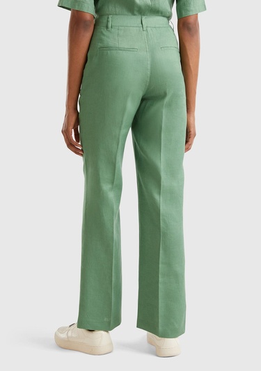  Kadın Mint Yeşili %100 Keten Arkası Şerit Cepli Düğme Kapamalı Pantolon