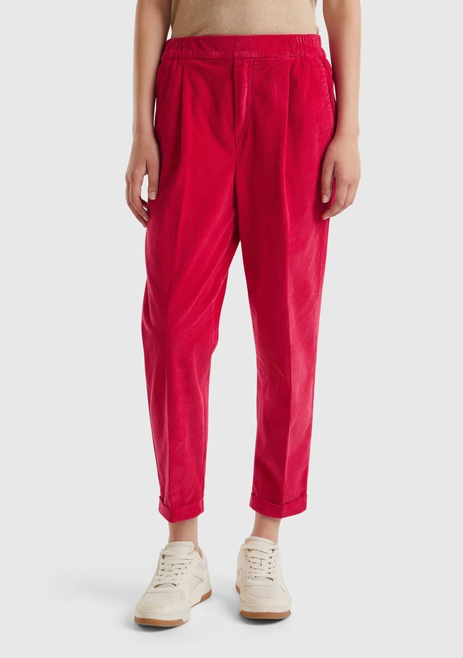  Kadın Kırmızı Beli Lastikli Kadife Pantolon