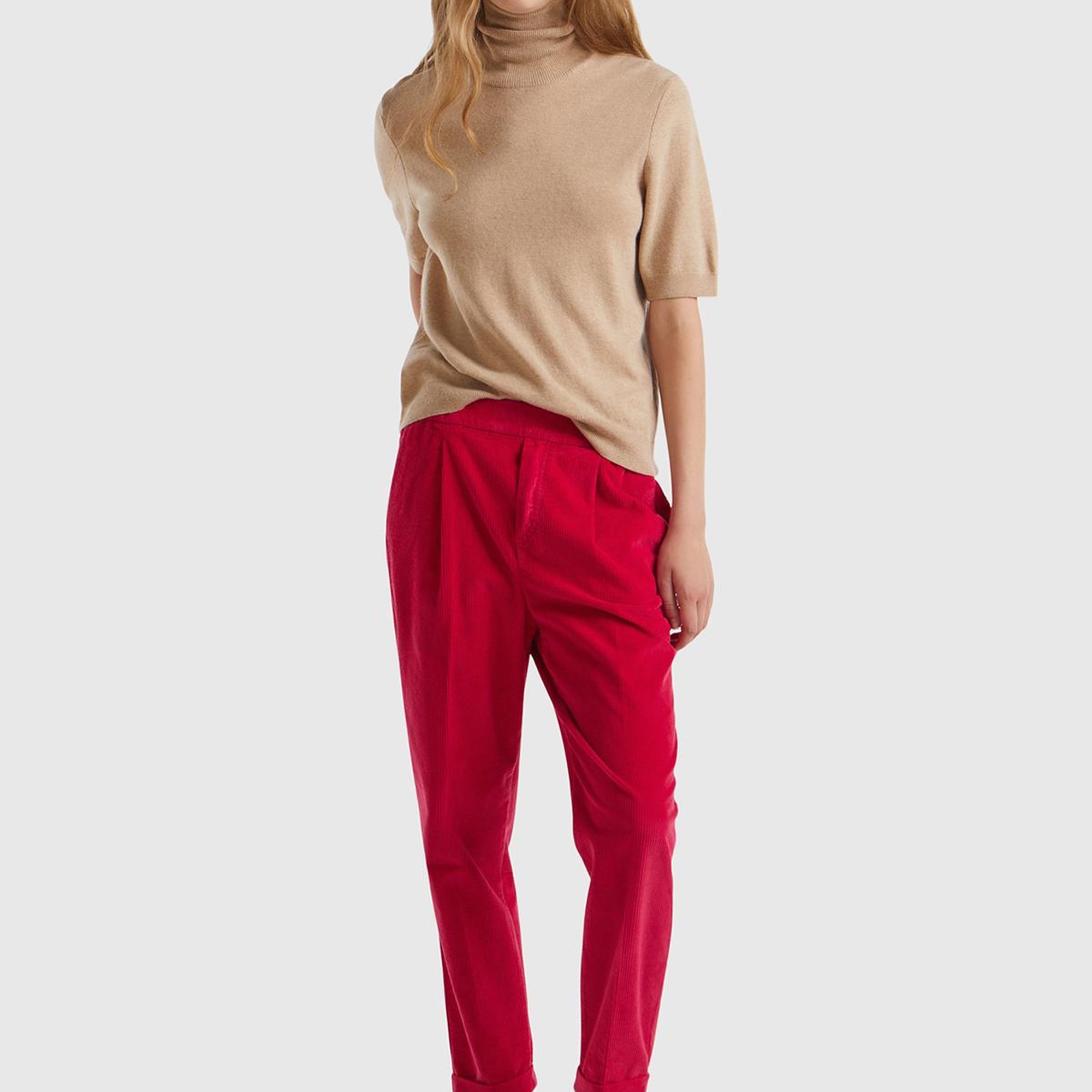 Kadın Kırmızı Beli Lastikli Kadife Pantolon