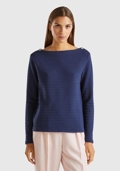  Kadın Lacivert Pamuk Karışımlı Omzu Düğme Detaylı Kayık Yaka Kısa Sweatshirt