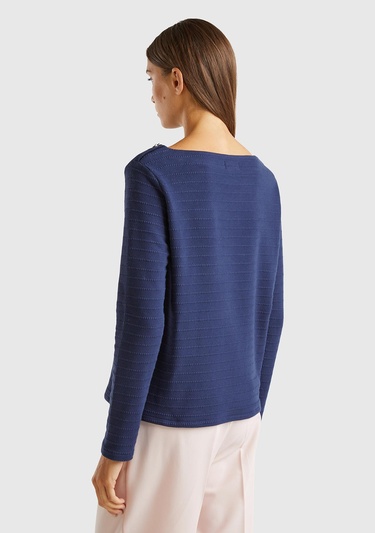  Kadın Lacivert Pamuk Karışımlı Omzu Düğme Detaylı Kayık Yaka Kısa Sweatshirt