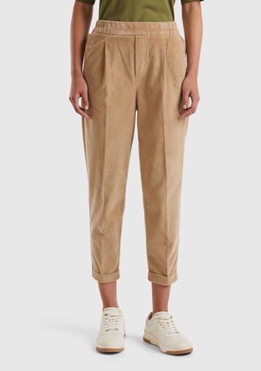  Kadın Taba Beli Lastikli Kadife Pantolon