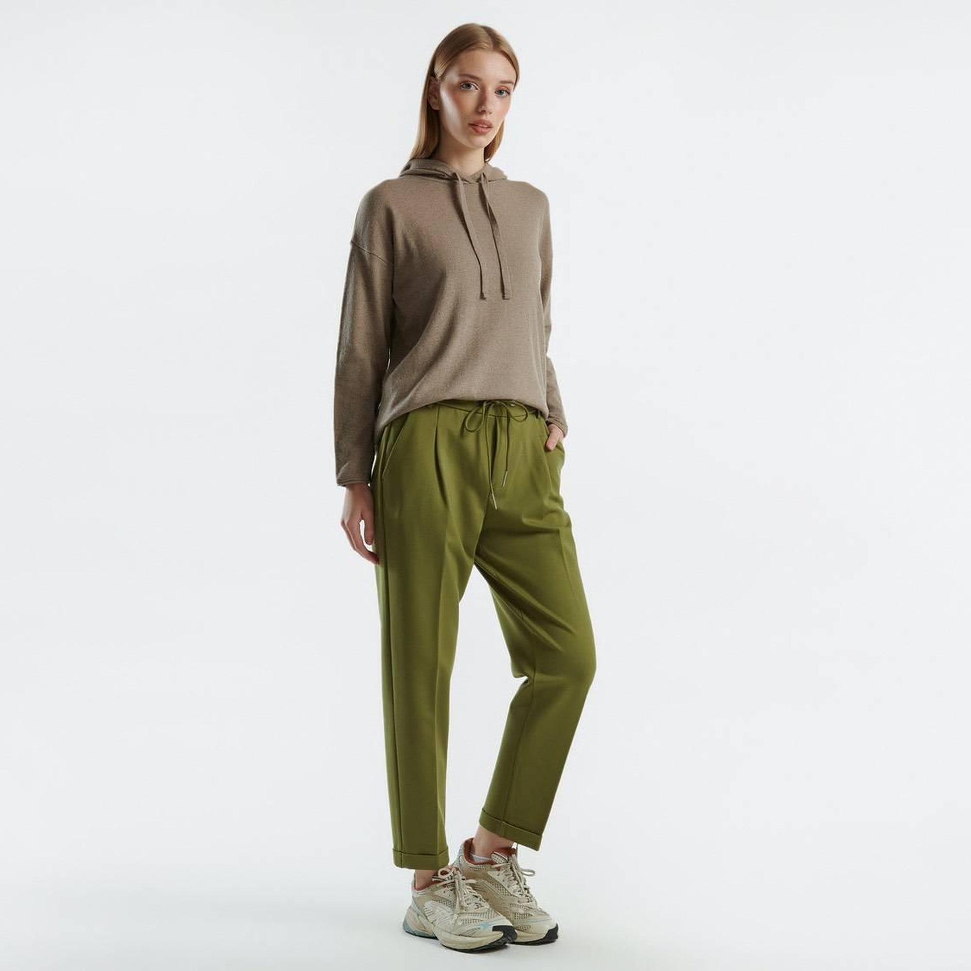 Kadın Haki  Beli Lastikli Pantolon