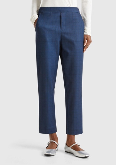  Kadın Lacivert Viskoz Karışımlı Tamamı Desenli Beli Lastikli Pantolon