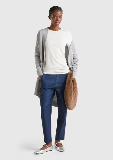  Kadın Lacivert Viskoz Karışımlı Tamamı Desenli Beli Lastikli Pantolon