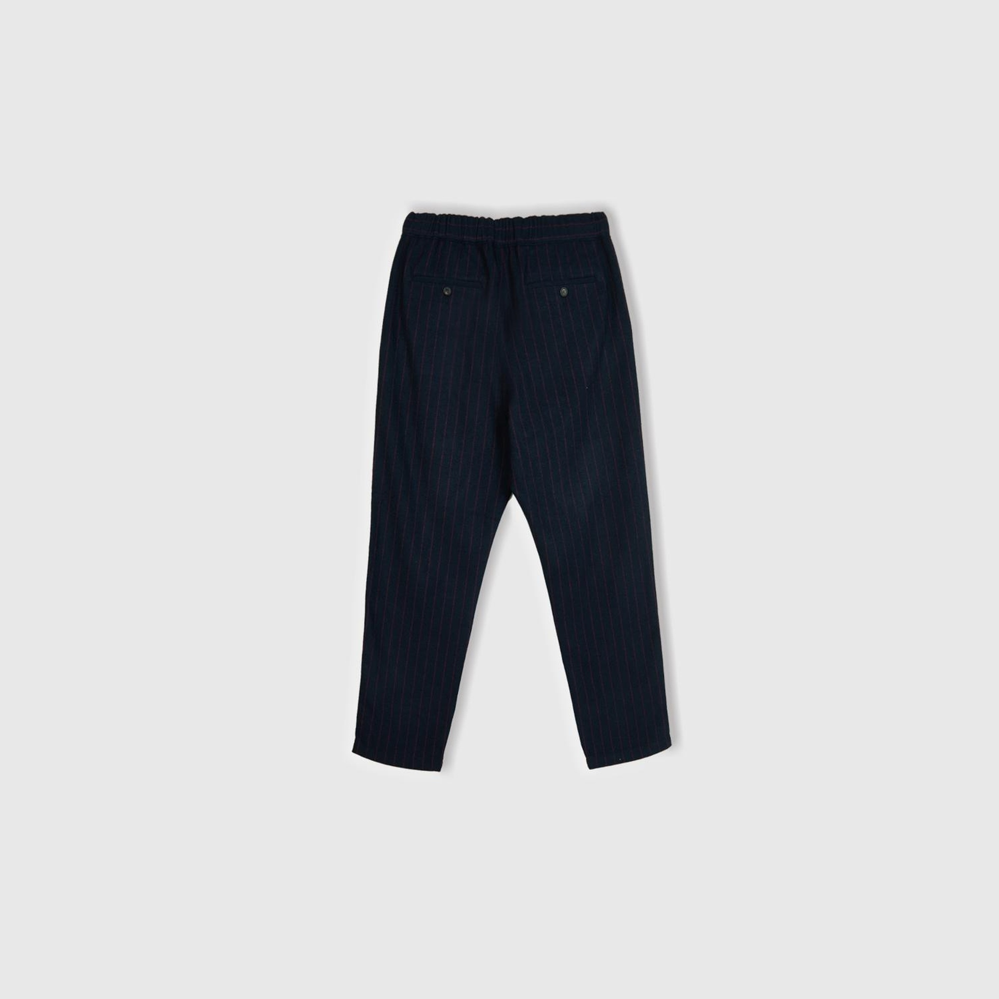 Erkek Koyu Mavi Yün ve Viskoz Karışımlı Arkası Biyeli Cepli Beli Elastik Pantolon