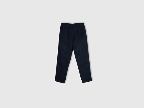  Erkek Koyu Mavi Yün ve Viskoz Karışımlı Arkası Biyeli Cepli Beli Elastik Pantolon