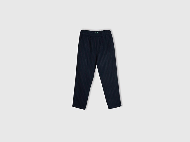  Erkek Koyu Mavi Yün ve Viskoz Karışımlı Arkası Biyeli Cepli Beli Elastik Pantolon