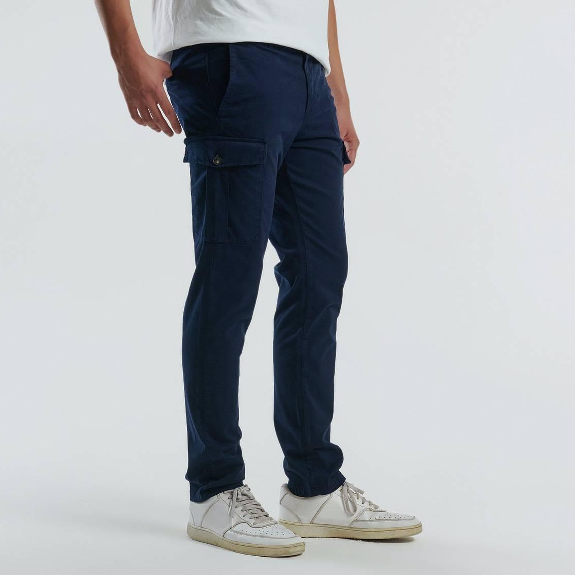 Erkek Lacivert Pamuk Karışımlı Yanları ve Arkası Cep Detaylı Kargo Pantolon