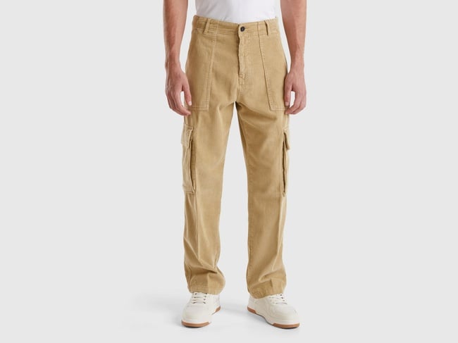  Erkek Bej %100 Pamuk Cep Detaylı Düz Paça Kargo Pantolon