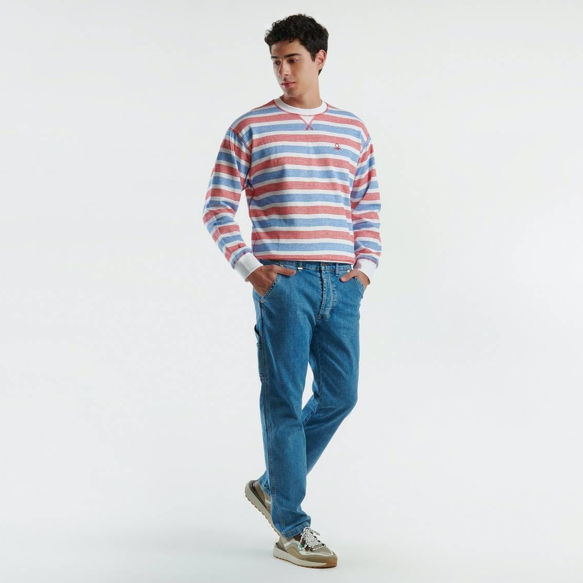 Erkek Mavi Pamuk Karışımlı Arkası Logo Etiketli Düz Paça Denim Pantolon