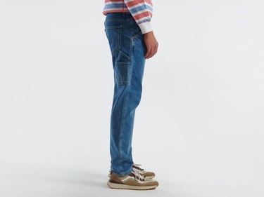  Erkek Mavi Pamuk Karışımlı Arkası Logo Etiketli Düz Paça Denim Pantolon