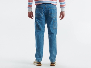  Erkek Mavi Pamuk Karışımlı Arkası Logo Etiketli Düz Paça Denim Pantolon