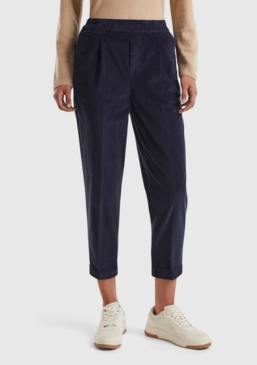  Kadın Lacivert Beli Lastikli Kadife Pantolon