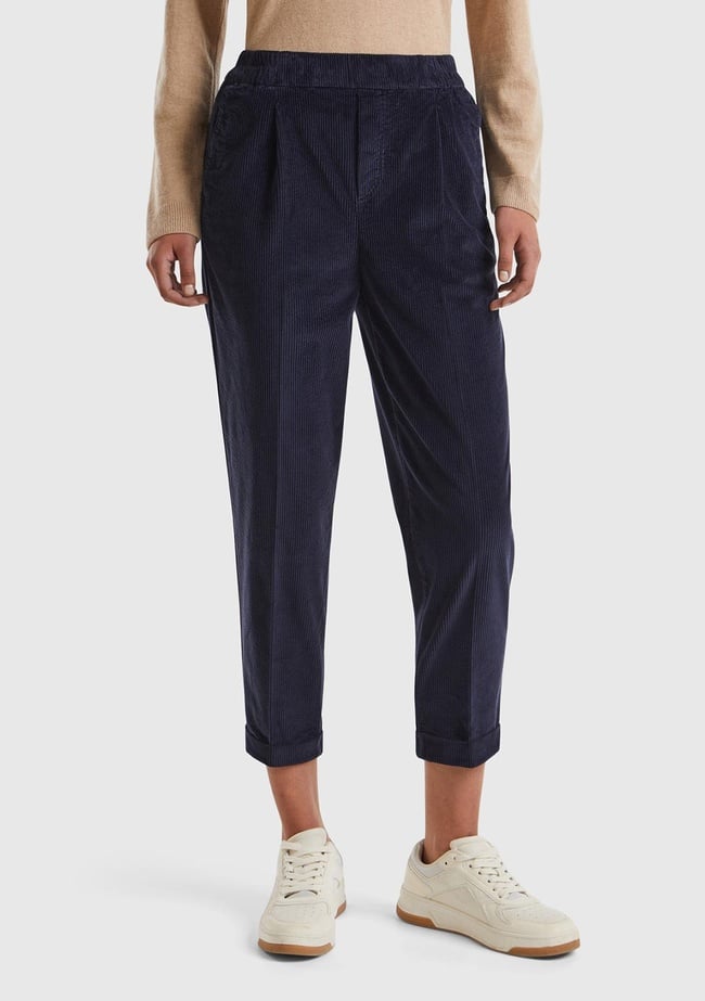  Kadın Lacivert Beli Lastikli Kadife Pantolon