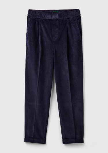  Kadın Lacivert Beli Lastikli Kadife Pantolon