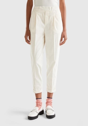  Kadın Krem Beli Lastikli Kadife Pantolon