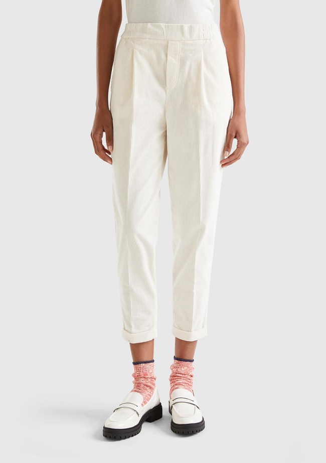  Kadın Krem Beli Lastikli Kadife Pantolon