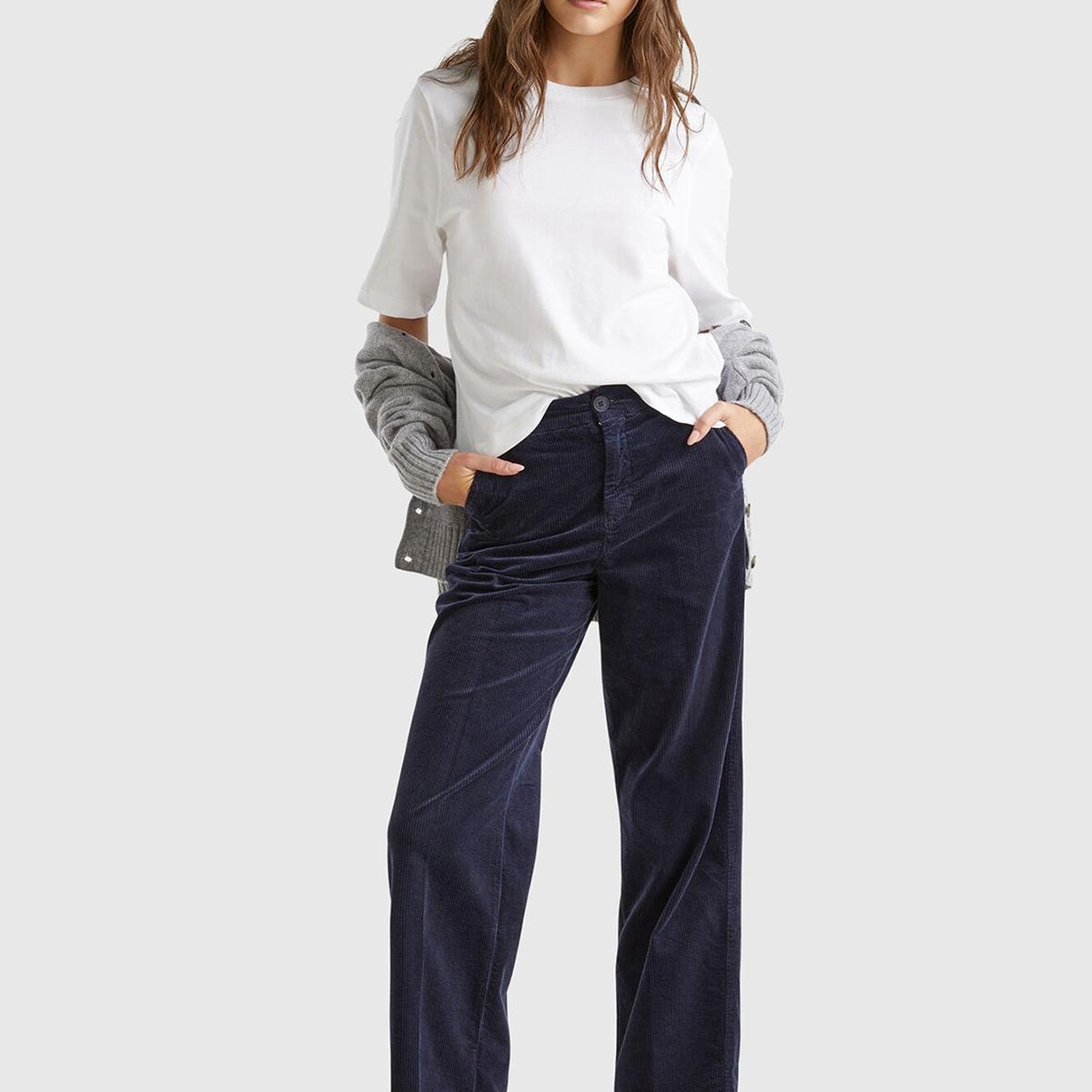 Kadın Lacivert Pamuk Karışımlı Arkası Lastikli Cepli Geniş Paça Kadife Pantolon