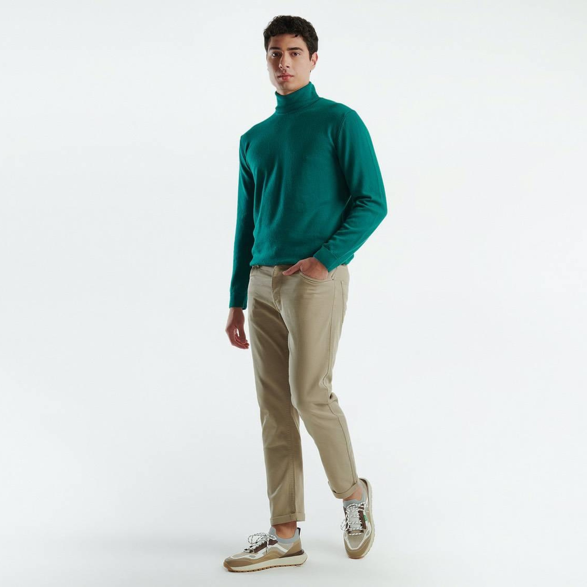 Erkek Bej Pamuk Karışımlı Yanları ve Arkası Cep Detaylı Denim Pantolon