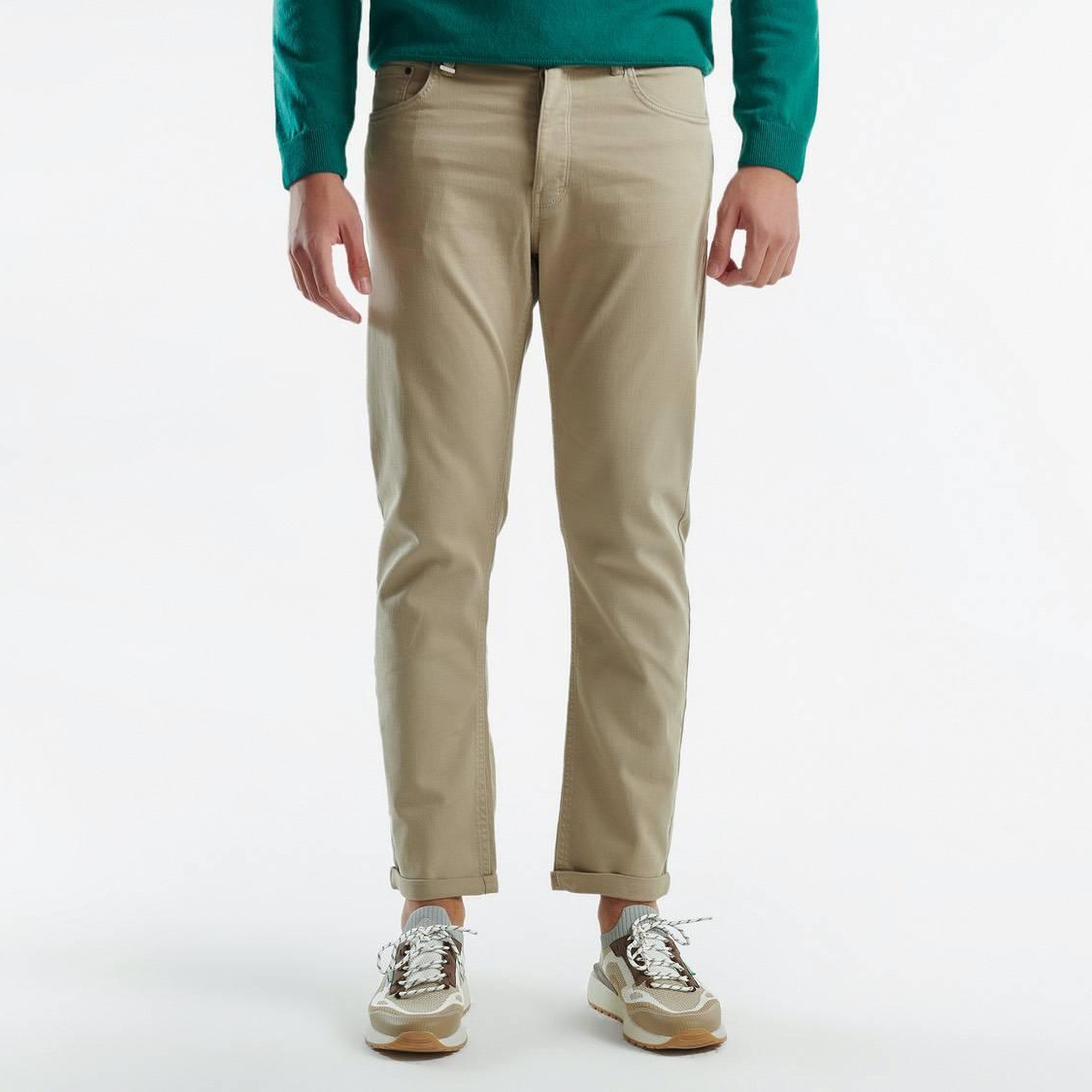 Erkek Bej Pamuk Karışımlı Yanları ve Arkası Cep Detaylı Denim Pantolon