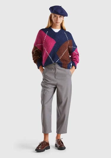  Kadın Antrasit Melanj Yün ve Viskoz Karışımlı Hafif Balon Paçalı Pantolon