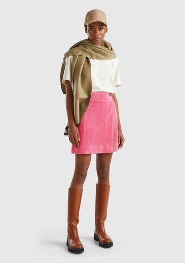  Kadın Pembe Düğme Detaylı Kadife Anvelop Mini Etek