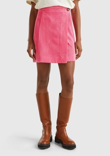  Kadın Pembe Düğme Detaylı Kadife Anvelop Mini Etek