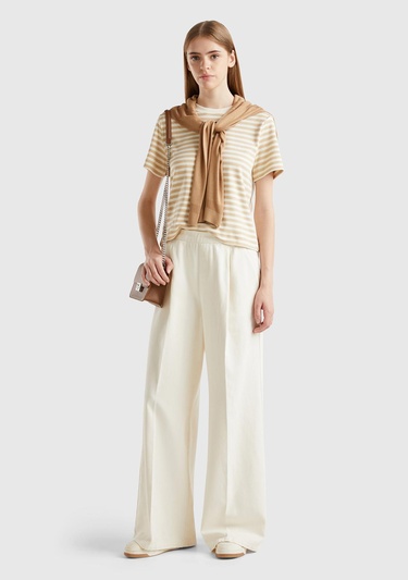  Kadın Krem %100 Pamuk Arkası Elastik Belli Bol Paça Pantolon