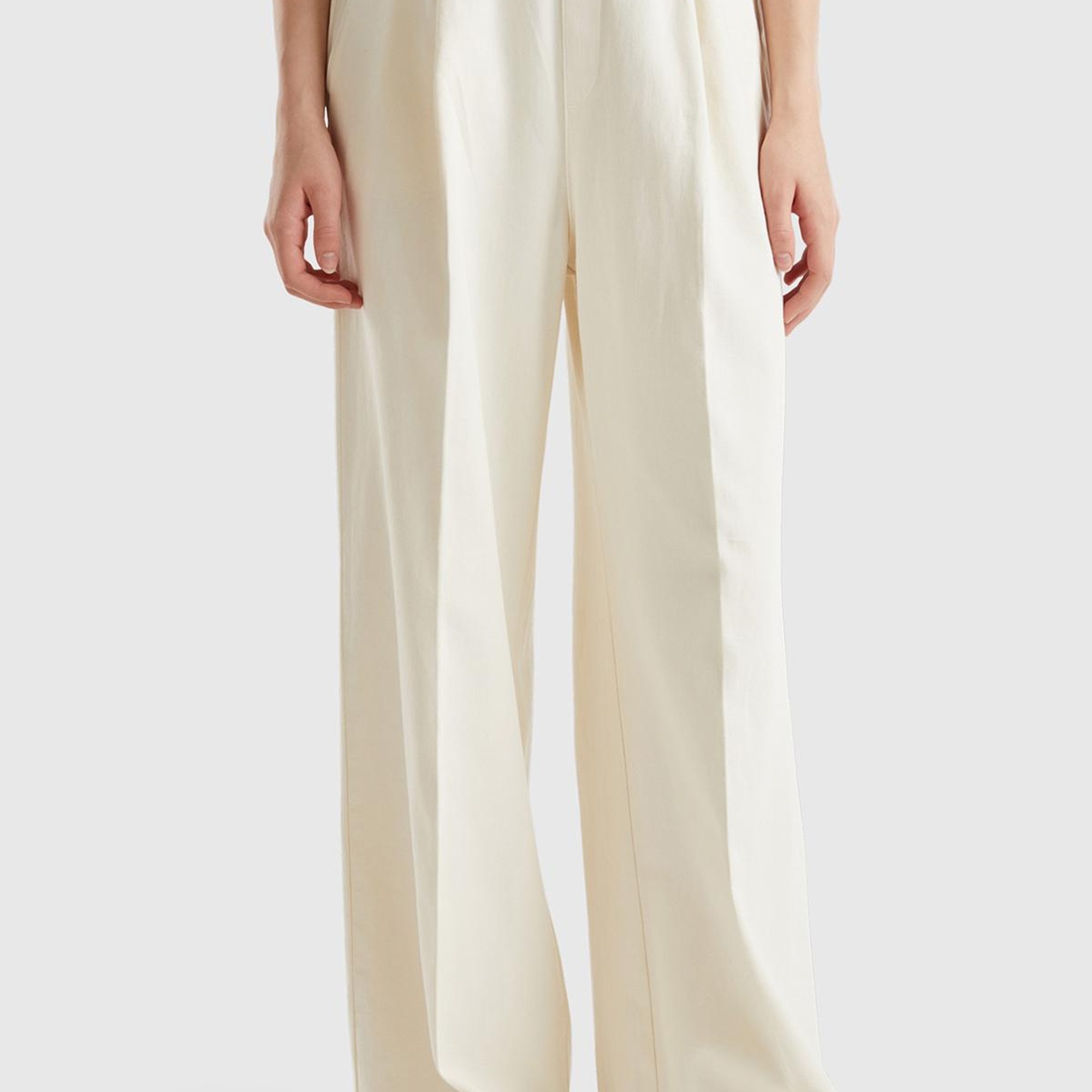 Kadın Krem %100 Pamuk Arkası Elastik Belli Bol Paça Pantolon