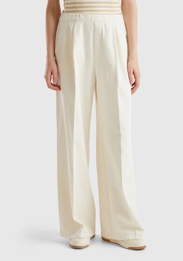  Kadın Krem %100 Pamuk Arkası Elastik Belli Bol Paça Pantolon