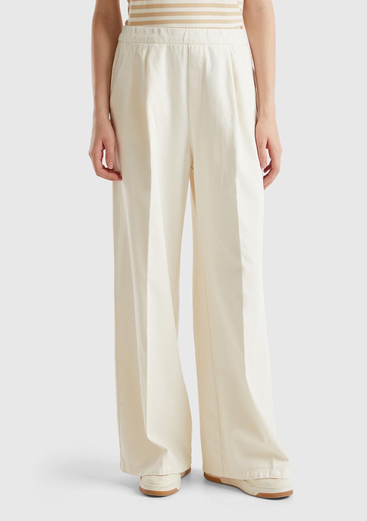  Kadın Krem %100 Pamuk Arkası Elastik Belli Bol Paça Pantolon
