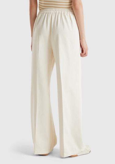  Kadın Krem %100 Pamuk Arkası Elastik Belli Bol Paça Pantolon
