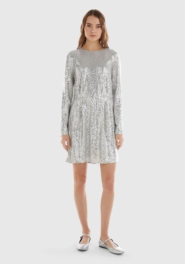  Kadın Gümüş İçi Jarse Astarlı Sırt Detaylı Uzun Kollu Simli Elbise