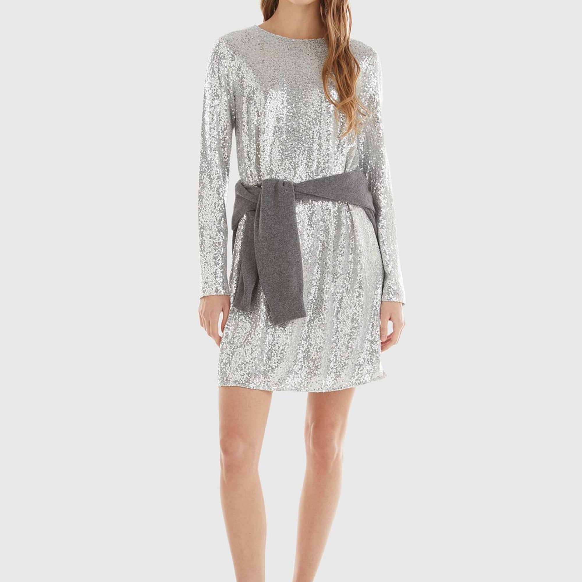 Kadın Gümüş İçi Jarse Astarlı Sırt Detaylı Uzun Kollu Simli Elbise