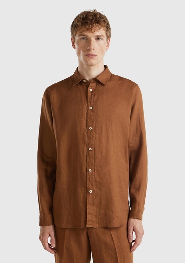  Erkek Kahverengi %100 Keten Gömlek
