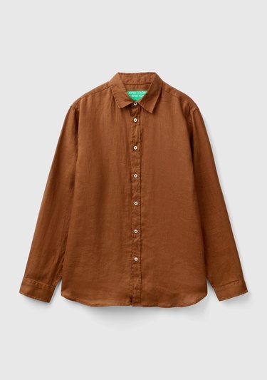  Erkek Kahverengi %100 Keten Gömlek