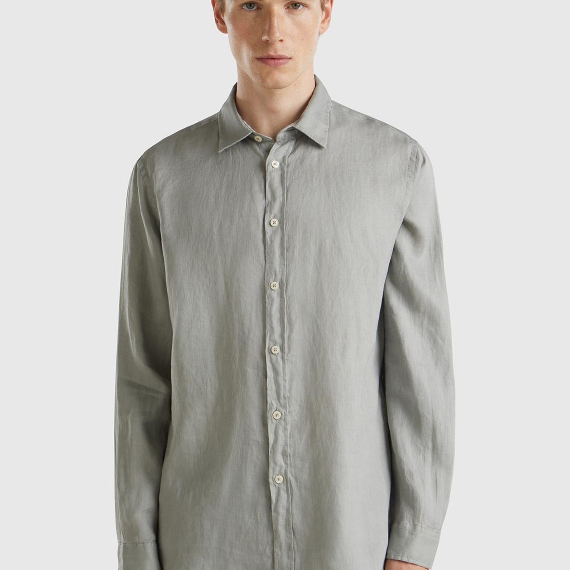 Erkek Gri %100 Keten Gömlek