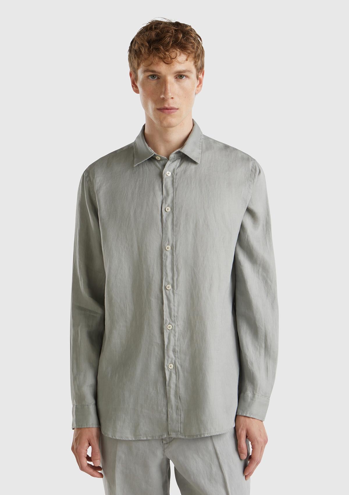  Erkek Gri %100 Keten Gömlek