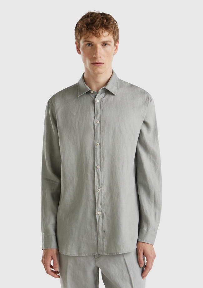  Erkek Gri %100 Keten Gömlek