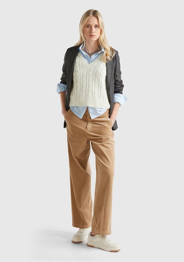  Kadın Kahverengi Pamuk Karışımlı Arkası Lastikli Cepli Geniş Paça Kadife Pantolon