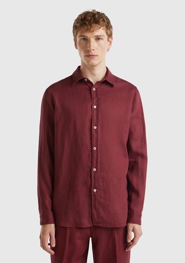  Erkek Bordo %100 Keten Gömlek
