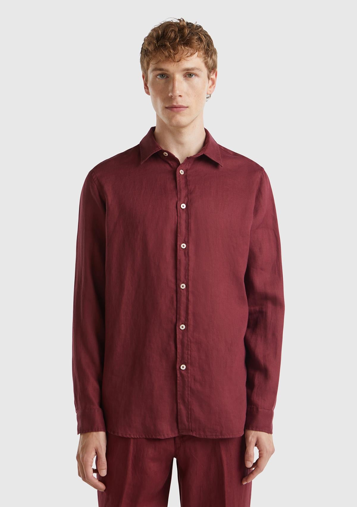 Erkek Bordo %100 Keten Gömlek