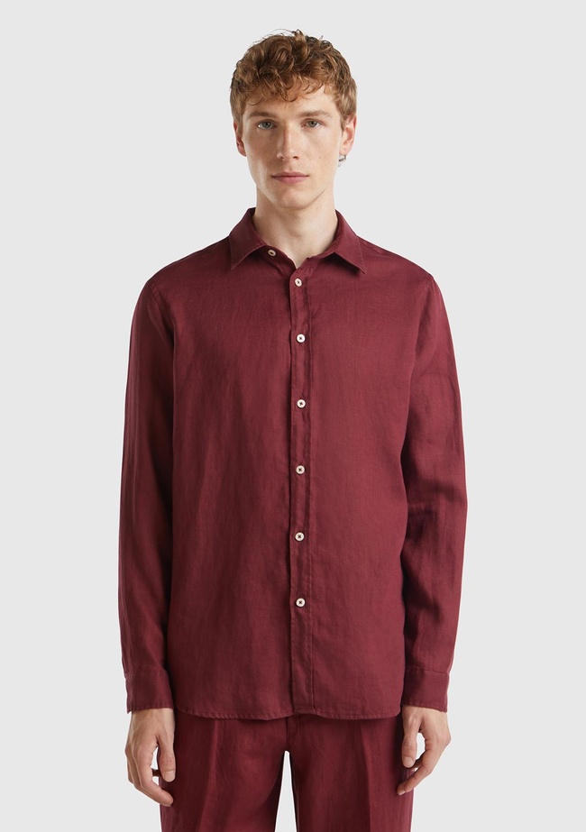  Erkek Bordo %100 Keten Gömlek