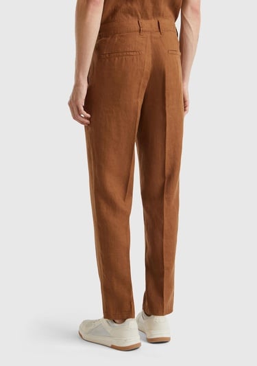  Erkek Kahverengi %100 Keten Pantolon
