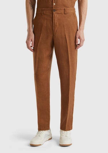  Erkek Kahverengi %100 Keten Pantolon